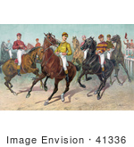 #41336 Stock Illustration Of A Group Of Seven Jockeys On Horseback Ready For A Race