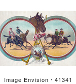 #41341 Stock Illustration Of Four Racing Jockeys On Horseback In Three Different Scenes