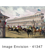 #41347 Stock Illustration Of A Group Of Anxious Jockeys Rushing Away From The Start Line At Jerome Park New York