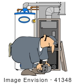 #41348 Clip Art Graphic Of A Man Bending Over While Repairing A Furnace