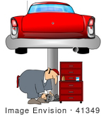 #41349 Clip Art Graphic Of A Man Bending Over While Working Under A Car In A Garage