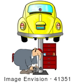 #41351 Clip Art Graphic Of A Mechanic Working Under A Yellow Slug Bug Vw Car On A Lift In A Garage