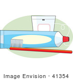 #41354 Clip Art Graphic Of A Tube Of Toothpaste And Floss With A Red Toothbrush