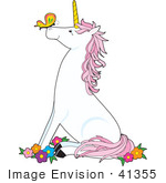 #41355 Clip Art Graphic of a Pink And White Unicorn Sitting In Flowers, A Butterfly On Its Nose by Maria Bell