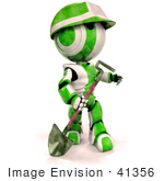 #41356 Clip Art Graphic Of A 3d Green Ao-Maru Robot Working In A Construction Zone With A Shovel