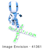 #41361 Clipart Illustration of a 3d Blue AO-Maru Robot Robot With Blocks Spelling Out Answer Question, Looking Upwards by Jester Arts