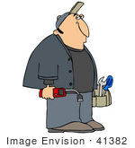#41382 Clip Art Graphic Of A Bored Gas Man Carrying His Tools