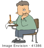 #41386 Clip Art Graphic Of A School Boy Nibbling His Nails And Trying To Complete His Test