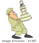 #41387 Clip Art Graphic of a Chef Carefully Carrying A Tall Wedding Cake by DJArt
