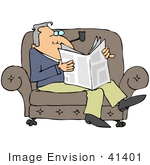 #41401 Clip Art Graphic Of A Man Reading The News And Smoking A Pipe On A Sofa