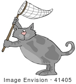 #41405 Clip Art Graphic Of A Gray Cat Holding A Net