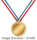 #41425 Clip Art Graphic of a Golden First Place Medal On A Red, White And Blue Ribbon by Maria Bell