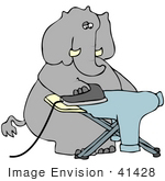#41428 Clip Art Graphic Of A Dry Cleaner Elephant Ironing A Blue Shirt