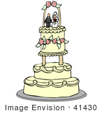 #41430 Clip Art Graphic Of A Three Tiered Wedding Cake Adorned With Pink Flowers And A Bride And Groom Topper