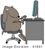 #41641 Clip Art Graphic Of A Brown Pooch Using A Computer