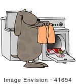 #41654 Clip Art Graphic Of A Brown Pooch Doing Laundry