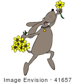 #41657 Clip Art Graphic Of A Brown Pooch Dancing With Flowers