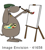 #41658 Clip Art Graphic Of A Brown Pooch Artist Painting