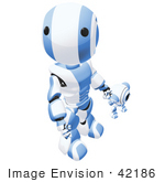 #42186 Clip Art Graphic Of A Blue Futuristic Robot Holding Hands With A Cam Looking Up