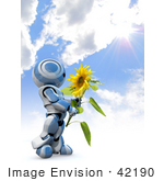 #42190 Clip Art Graphic Of A Blue Futuristic Robot Against A Sky Holding A Sunflower
