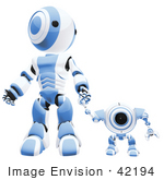 #42194 Clip Art Graphic Of A Blue Futuristic Robot Walking Hand In Hand With A Cam