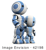 #42198 Clip Art Graphic Of A Blue Futuristic Robot Holding Hands With A Child
