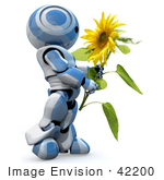 #42200 Clip Art Graphic Of A Blue Futuristic Robot Holding A Sunflower