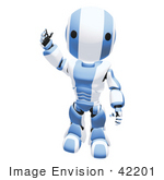 #42201 Clip Art Graphic Of A Blue Futuristic Robot Raising His Hand To Wave