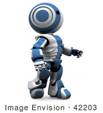 #42203 Clipart Illustration Of A Blue Futuristic Robot Walking And Looking Up