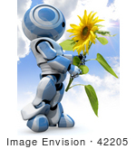 #42205 Clip Art Graphic Of A Blue Futuristic Robot Admiring A Sunflower