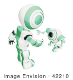 #42210 Clip Art Graphic of a Green Futuristic Robot Reaching Down To Greet A Cam by Jester Arts