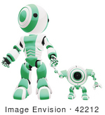 #42212 Clip Art Graphic Of A Green Futuristic Robot Holding Hands With A Cam