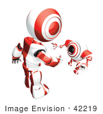 #42219 Clip Art Graphic Of A Red Futuristic Robot Reaching Down To Greet A Cam