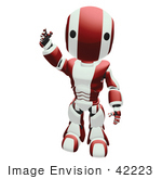 #42223 Clip Art Graphic Of A Red Futuristic Robot Standing And Waving