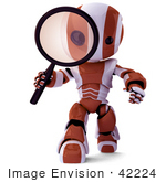 #42224 Clip Art Graphic Of A Red Futuristic Robot Inspecting