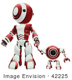 #42225 Clip Art Graphic Of A Red Futuristic Robot Holding Hands With A Cam