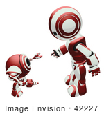 #42227 Clip Art Graphic Of A Red Futuristic Robot Bending Down And Chatting With A Cam