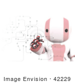 #42229 Clip Art Graphic Of A Red Futuristic Robot Pushing Buttons On A Circuit