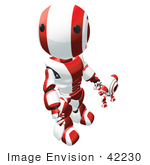 #42230 Clip Art Graphic Of A Red Futuristic Robot And Cam Holding Hands And Looking Up