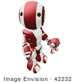 #42232 Clip Art Graphic Of A Red Futuristic Robot Looking Up While Holding Hands With A Cam