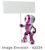 #42234 Clip Art Graphic Of A Purple Futuristic Robot Holding A Blank Sign