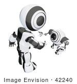 #42240 Clip Art Graphic Of A Black Futuristic Robot Bending Down To Greet A Cam