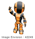 #42249 Clip Art Graphic Of An Orange Futuristic Robot Waving