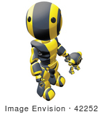 #42252 Clip Art Graphic Of A Yellow Futuristic Robot Holding Hands With A Cam And Looking Up