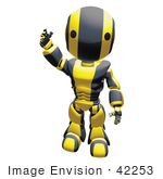 #42253 Clip Art Graphic Of A Yellow Futuristic Robot Waving