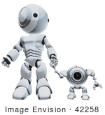 #42258 Clip Art Graphic Of A Chrome Futuristic Robot Holding Hands With A Cam