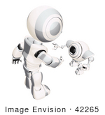 #42265 Clip Art Graphic Of A Silver Futuristic Robot Greeting A Cam