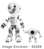 #42268 Clip Art Graphic Of A Silver Futuristic Robot Standing And Holding Hands With A Cam