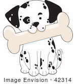 #42314 Clip Art Graphic Of A Dalmatian Puppy Carrying A Big Bone In His Mouth