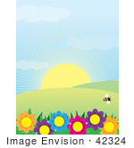 #42324 Clip Art Graphic Of A Sun Shining On Flowers Hills And A Bee